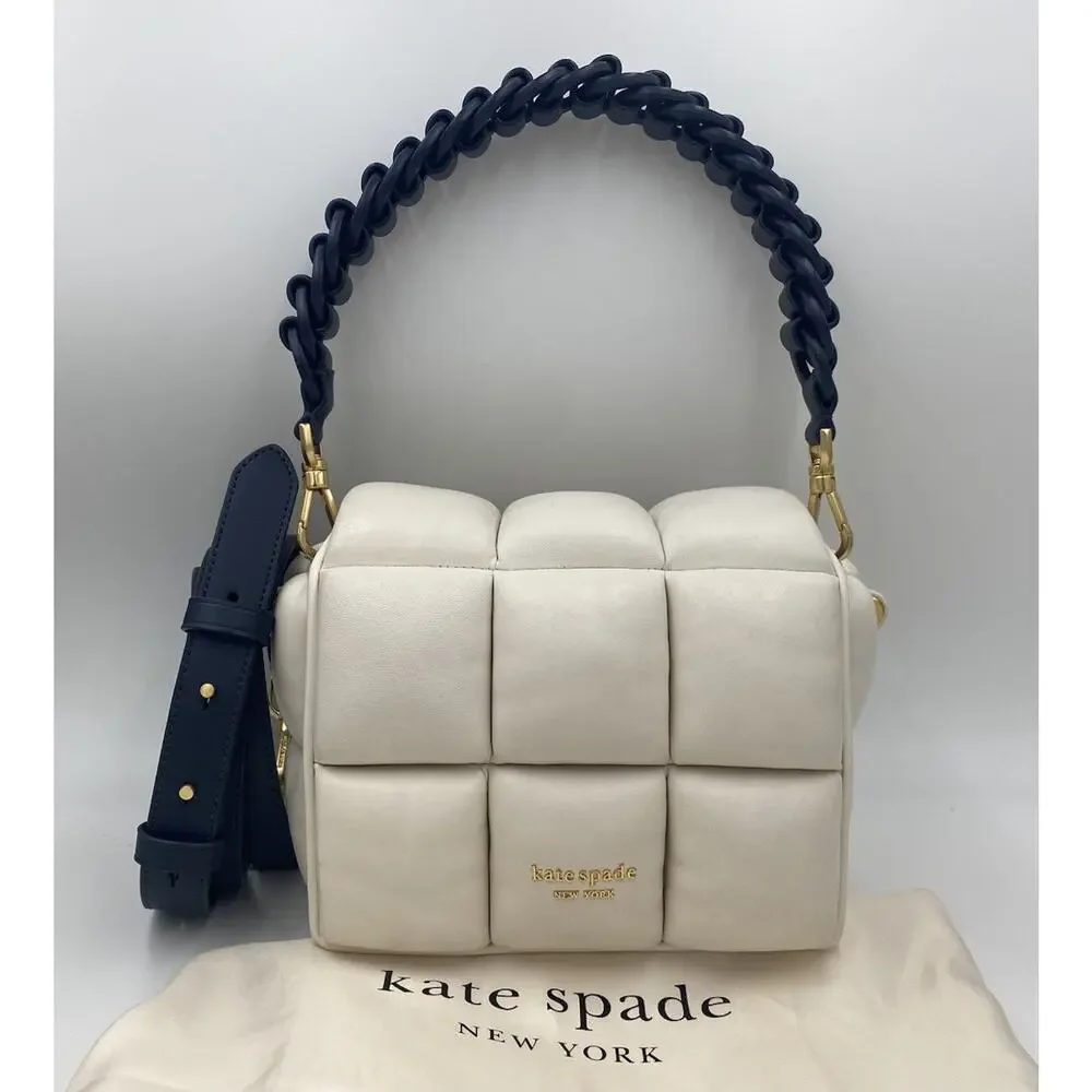 Kate Spade Boxxy Crossbody Bag East West Ivory Navy Blue Woven Puffy Leather